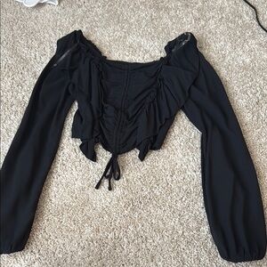 Black Ruffled Crop Blouse with Puff Sleeves